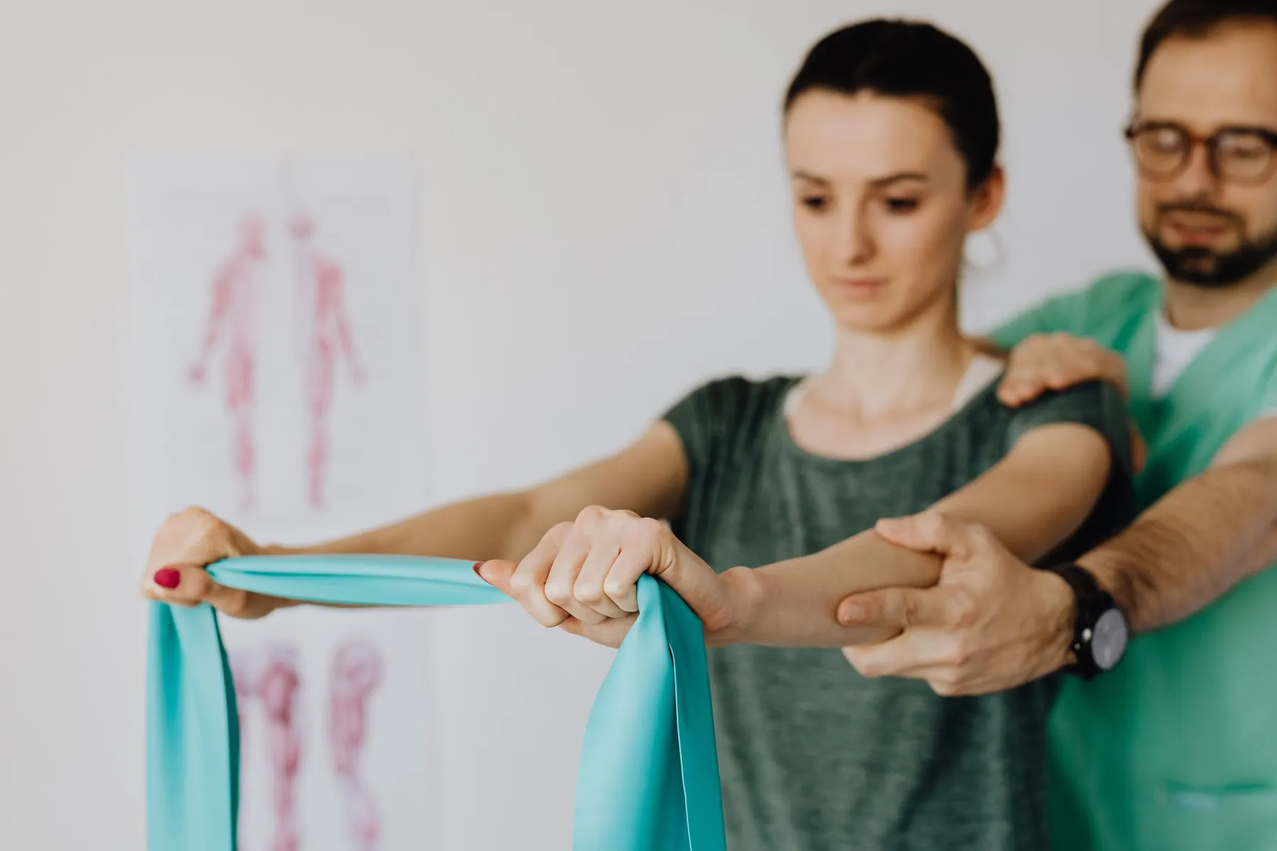 Exercise with a resistance band, illustrating strengthening work.