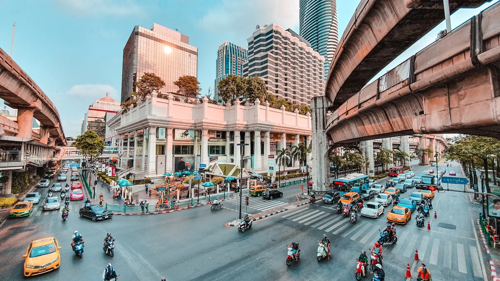 The Bangkok skyline with elevated railway, illustrating the central Bangkok location.