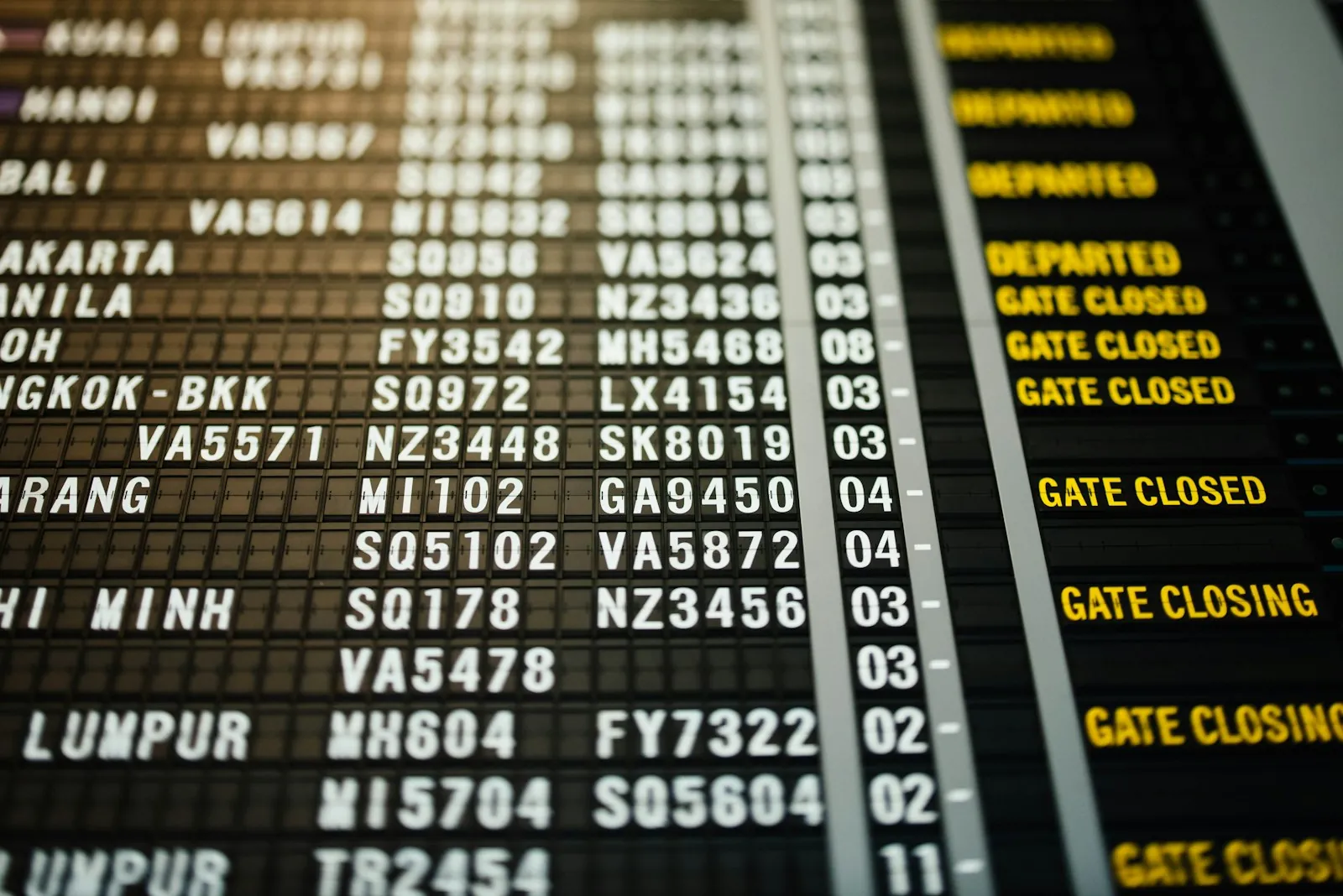 An airport departure board, illustrating planning the flight home.