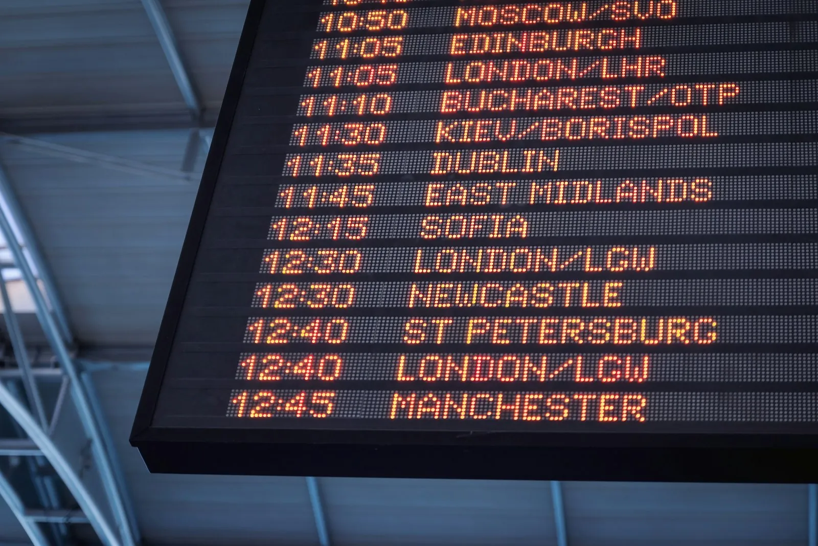 A departure board, illustrating that the flight date is confirmed rather than assumed.