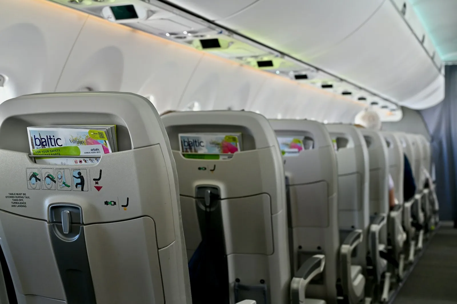 An empty cabin, illustrating the dry environment of a long flight.