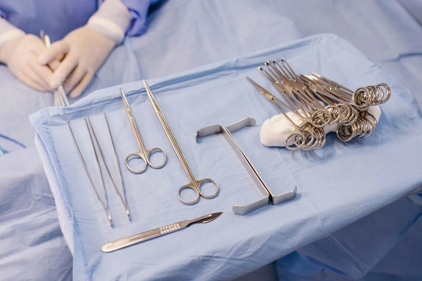 Surgical instruments on a tray, illustrating the equipment a liposuction procedure uses.