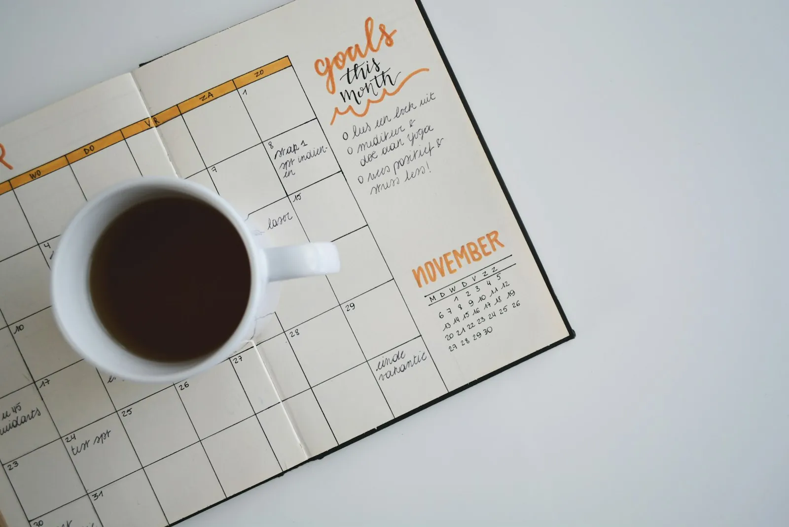 Weeks marked on a planner, illustrating a staged recovery.