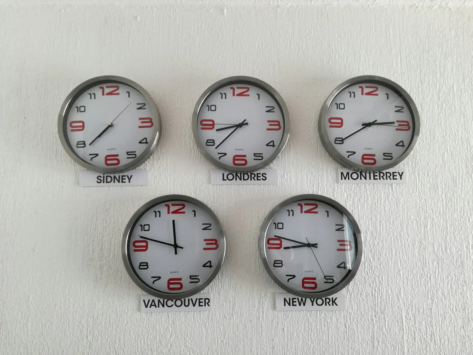 Clocks showing different time zones, illustrating care across a time difference.